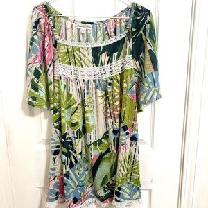 Stem Vine Tropical Leaf Print Blouse - Green, Blue, Pink